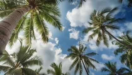 low-angle perspective showing the sky with clouds, a coconut palm
