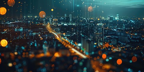 Fototapeta premium High-rise building view of city at night, perfect for urban landscapes and architecture