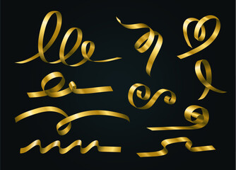 Set of gold ribbons stripe flow swirl design for celebration on Christmas, Birthday, Anniversary and holidays. Realistic 3d vector and illustration use for decoration.
