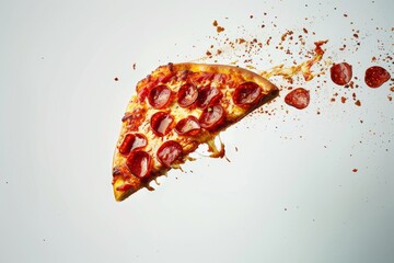 A single pepperoni pizza slice hangs in the air, its cheese stretching down as toppings and sauce...