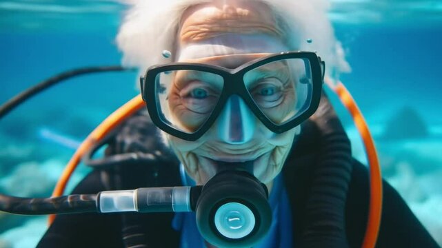 An old European lady underwater, wearing a scuba diving suit, her expression denotes calm and happiness. Happy active elderly. Grandparents Day