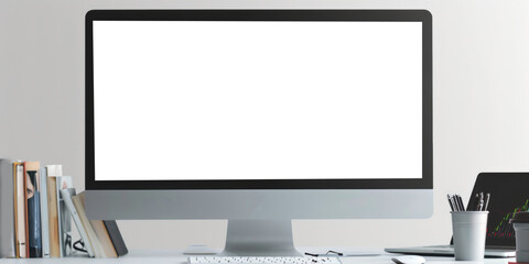 Fototapeta premium computer blank screen on table with coffee background, mockup, template for your text, ai generated