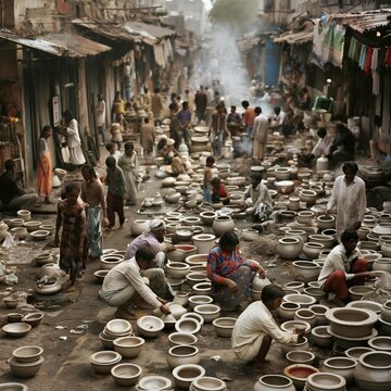 AI generator image of pottery workers working in a crowded environment in slum