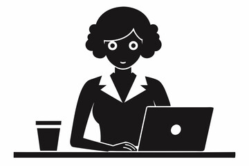 
silhouette of woman working on laptop at desk. Vector illustration
