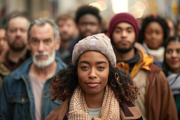 Obraz premium A diverse group of people walking through a city street, with a woman in the center looking directly at the camera