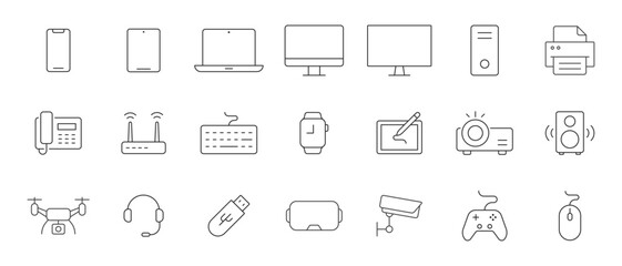 Set of 21 Electronics web icons in line style. Device, phone, laptop, communication, smartphone, ecommerce Vector illustration