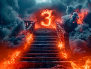 A staircase with the number 3 in flames. The image has a dark and ominous mood, with the flames and the number 3 creating a sense of danger and mystery