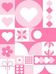 Valentine's day sale background. Love and heart. Trendy geometric shapes with circles, squares and hearts in retro style for a Valentine's Day sale background