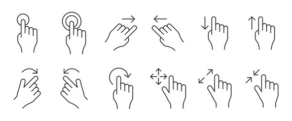 Phone hand gestures. Hand gesture for touchscreen devices, slide touch phone. Zoom move swipe press finger actions, vector symbols set