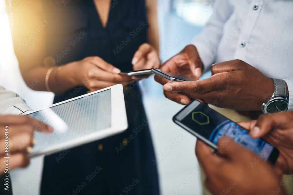 Poster phone, tablet and hands of people in circle for data sharing, meeting or collaboration with connecti