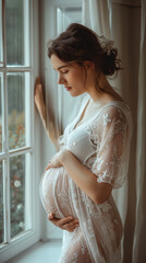 Fototapeta premium Beautiful pregnant woman touching her belly standing by the window at home 