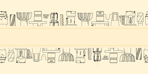 Mechanical engineering drawings on sepia background. Tap tools, borer. Technical Design. Cover. Blueprint. Seamless pattern. Vector illustration.