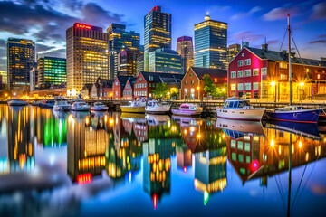 Obraz premium A city with many buildings and boats on a lake. The water is reflecting the lights from the buildings