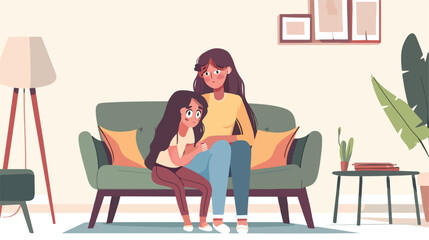 Mother and Crying Daughter Hugging in Living Room 