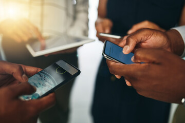 Meeting, technology and hands of people in circle for data sharing, business or collaboration with connectivity. Phone, tablet and team at digital agency with networking, research or mobile app chat