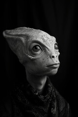 Portrait of a small alien creature with big eyes and long thin fingers. The creature looks directly at the camera with an expression of interest and curiosity.