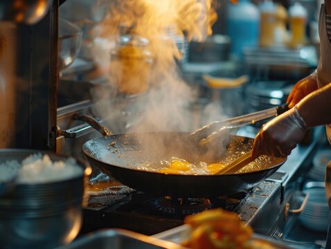 A person cooking food in a frying pan on a stove, useful for kitchen or food related concepts
