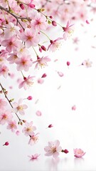 Fototapeta premium Delicate Pink Cherry Blossoms Falling Against a White Background. Generative AI