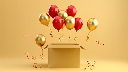 Obraz premium Gold-Painted Corrugated Box with Flying Red and Gold Balloons