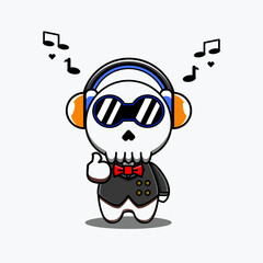 vector design illustration of a skull character in a suit wearing earphones