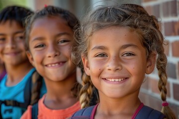 Fototapeta premium american Students children walking to school together, looking to camera. ai generated