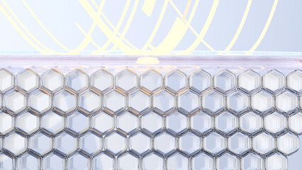 Sunscreen Cream or serum drop, Ultraviolet shield reflect UV sun light, Hexagonal skin cells layer, sunblock lotion, SPF Ultraviolet Rays protection, Advertisements for cosmetics, collagen, 3d render