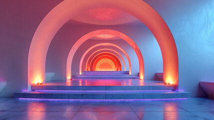 Obraz premium Futuristic, colorful hallway with arched doorways and glowing ambient lighting, creating a mesmerizing and modern architectural design.