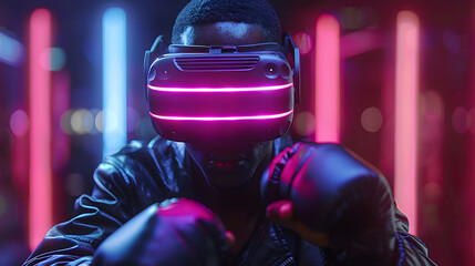 Man in a boxing stance with VR headset, neon lights in background, representing virtual reality and futuristic technology.
