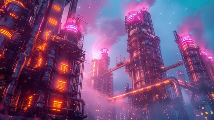 Obraz premium Futuristic industrial cityscape at dusk with neon lights, towering structures, and a vibrant, colorful atmosphere