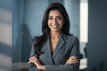 Fototapeta premium A young Indian woman is smiling at the camera with her arms crossed.