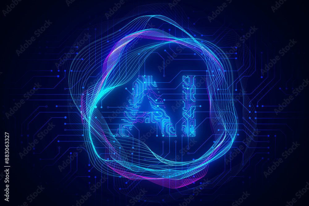 Poster A digital abstract concept with swirling lines and a circuit pattern, symbolizing technology on a dark blue background. 3D Rendering