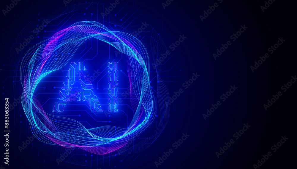 Poster Abstract digital AI brain design with circuit patterns, in blue and pink, on a dark background, symbolizing intelligence and technology. 3D Rendering