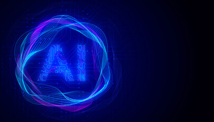 Abstract digital AI brain design with circuit patterns, in blue and pink, on a dark background, symbolizing intelligence and technology. 3D Rendering