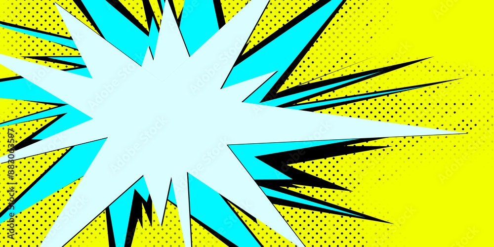 Poster a vibrant pop art style explosion graphic on a dotted yellow background, exemplifying a dynamic mode