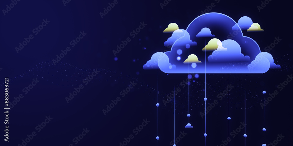 Poster Stylized clouds with connected nodes on a dark blue background, depicting a cloud technology concept. 3D Rendering