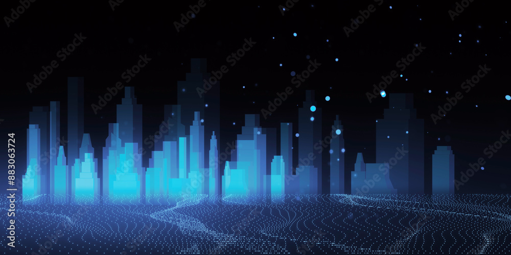 Poster A digital concept of a smart city skyline over a network grid with floating particles, depicted in blue tones against a dark background. 3D Rendering