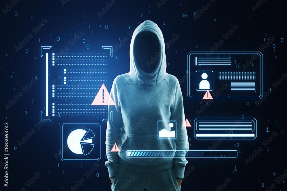 Poster person in a hoodie with digital overlays representing cybersecurity concepts on a dark blue backgrou