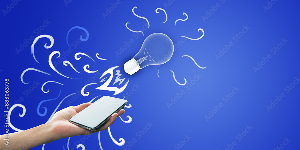 Poster a hand holding a smartphone with an illustrated light bulb appearing from it against a blue backgrou