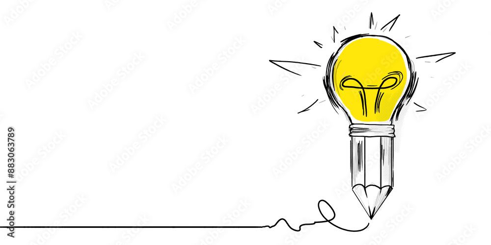 Poster a sketch of a pencil morphing into a glowing lightbulb on a white background, symbolizing the concep