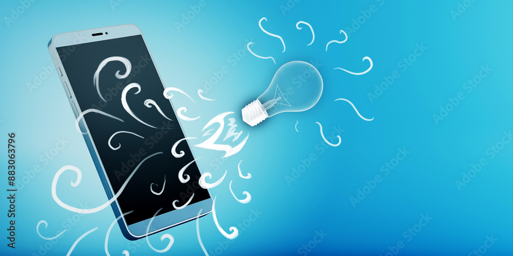 Poster smartphone with artistic swirls emitting from the screen and a light bulb, on a blue background, con