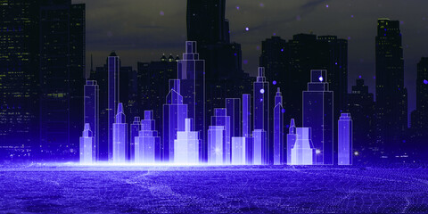 A digital illustration of a city skyline with VR-style buildings on a cyberspace background,...
