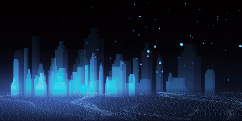 A digital concept of a smart city skyline over a network grid with floating particles, depicted in blue tones against a dark background. 3D Rendering