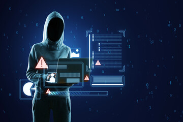 A hooded figure using a laptop with cyber security digital interface elements on a dark blue background, concept of hacking and data protection