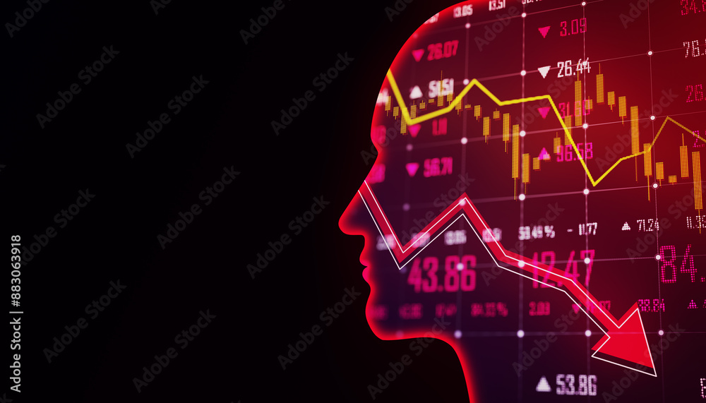 Poster silhouette of a head with stock market decline graph overlay, red and black tones, digital concept o