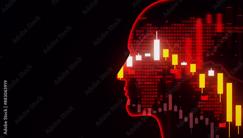 Poster silhouette of a human head overlaid with stock market data, with a digital style on a dark red backg