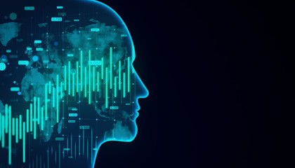 A digital silhouette of a human head with graphical data and world map overlay on dark blue background, concept of global technology. 3D Rendering