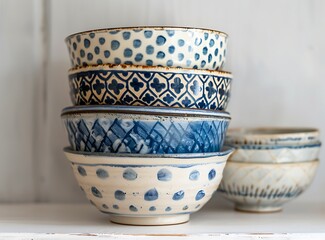 Four different blue and white patterned bowls stacked on top of each other on the shelf, in a studio photography style with soft lighting, in a product shot style, on a white background