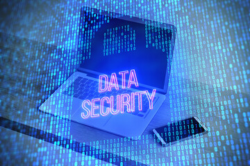 A double exposure image showing 'DATA SECURITY' text, on a digital binary code background, indicating the concept of cybersecurity