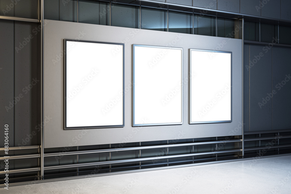 Poster Three blank advertising billboards on a modern building wall, ideal for mockup display, indoor setting with a clean design concept. 3D Rendering