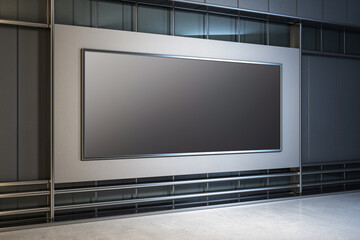 Fototapeta premium Blank horizontal billboard mounted on an interior wall with metal and glass, ideal for advertising mockups, light background, concept of indoor advertising space. 3D Rendering